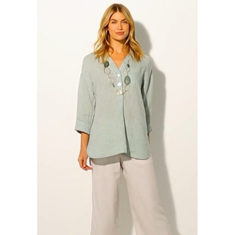 J.‎ Jill linen tunic blouse L Shell Buttons Green Coastal Oversized Travel Boho